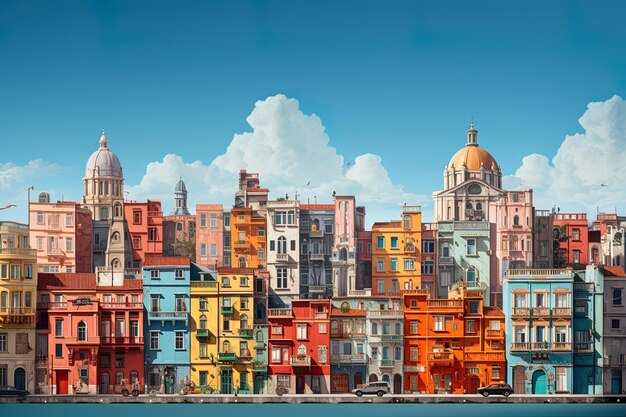 una ciudad colorida con un edificio colorido y el agua en el fondo