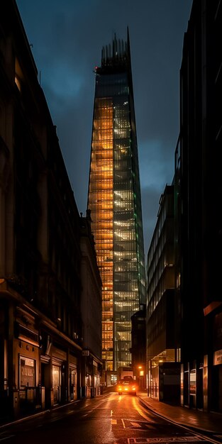 Ciudad de construcción en la noche con luz brillante generada por Ai