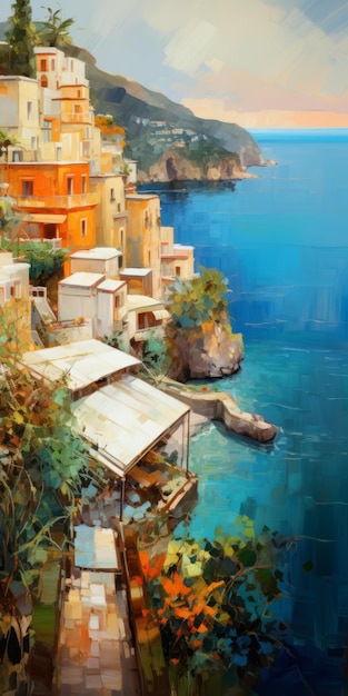 Foto la ciudad costera de amalfi una pintura digital con aguas tranquilas y trazos expresivos