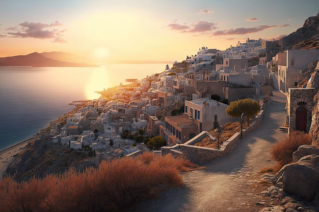 Ciudad cretense al atardecer con vistas a la costa y al mar abierto