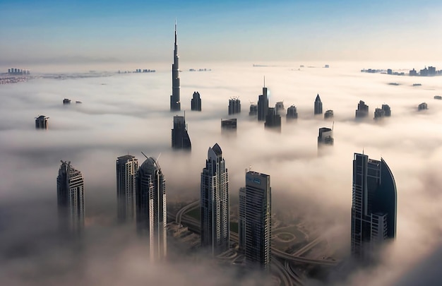 Una ciudad cubierta de niebla bajo el burj khalifa