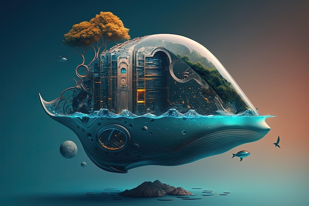 La ciudad bajo la cúpula Ciencia protección utopía flotando en el aire ecología árbol fantasía arte alta resolución detallada ilustración futurista seguridad Tecnología concepto AI