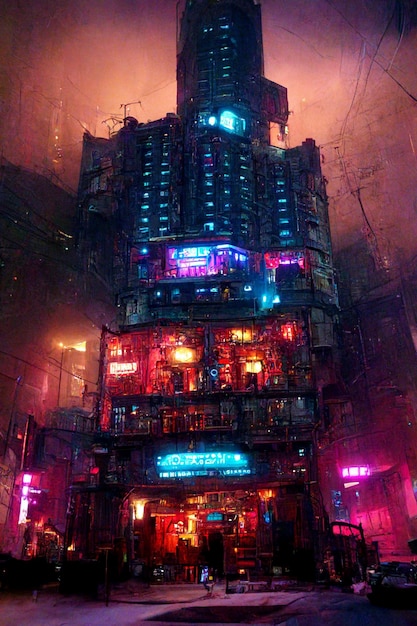 Ciudad cyberpunk en la niebla