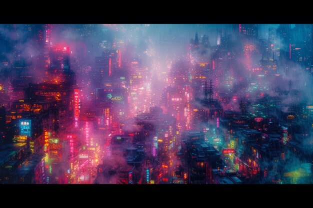 Una ciudad cyberpunk con rascacielos y luces de neón