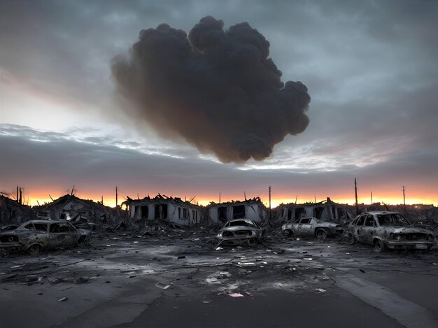 Una ciudad destruida con coches rotos y edificios en ruinas