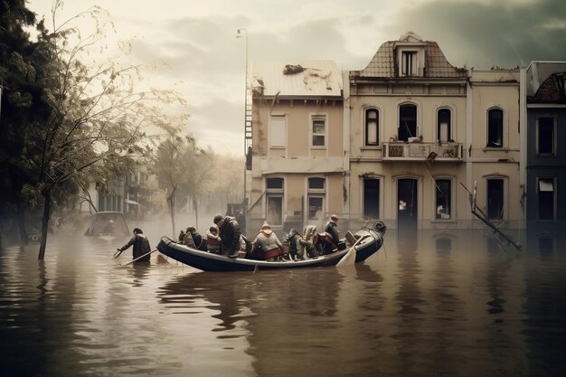 Foto ciudad destruida después de una inundación que arruina las consecuencias de un desastre natural salvavidas en el agua generada por ia