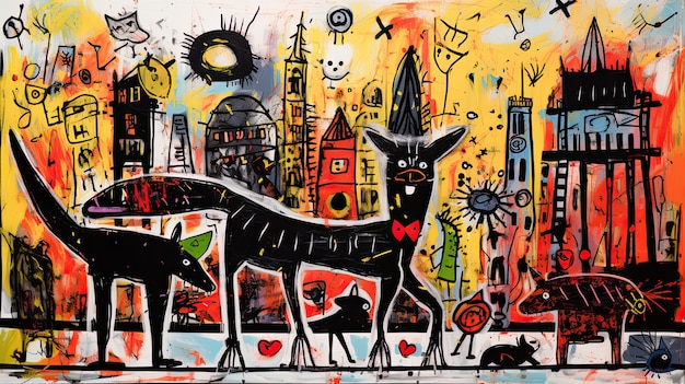 ciudad de dibujos animados de londres con niños039s personajes dinosaurios al estilo de Jean Michel Basquiat