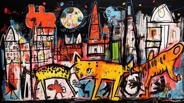 ciudad de dibujos animados de londres con niños039s personajes dinosaurios al estilo de Jean Michel Basquiat