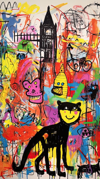 ciudad de dibujos animados de londres con niños039s personajes dinosaurios al estilo de Jean Michel Basquiat