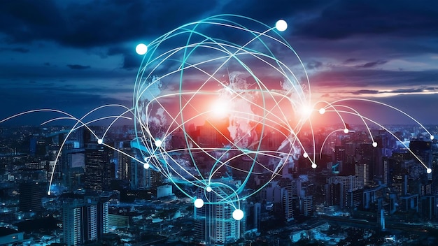 Ciudad digital inteligente con globalización gráfico abstracto que muestra la red de conexión