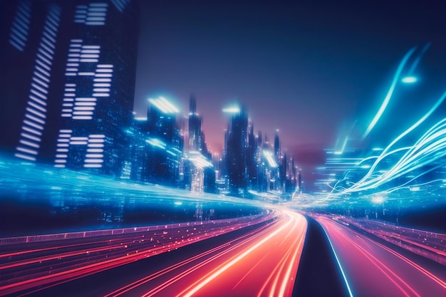 Ciudad digital inteligente con rastro de luz de alta velocidad de automóviles de transferencia de datos digitales