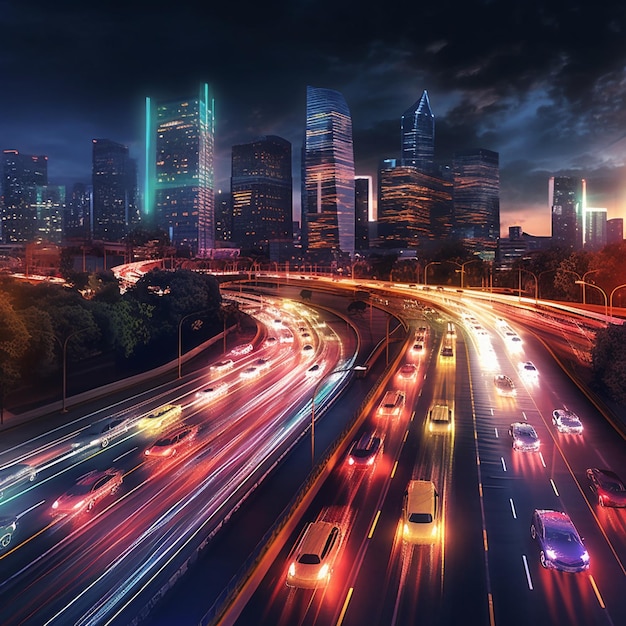 Ciudad digital inteligente con rastro de luz de automóviles de transferencia de datos digitales de alta velocidad