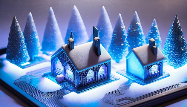 Ciudad digital de Navidad hecha de piezas electrónicas