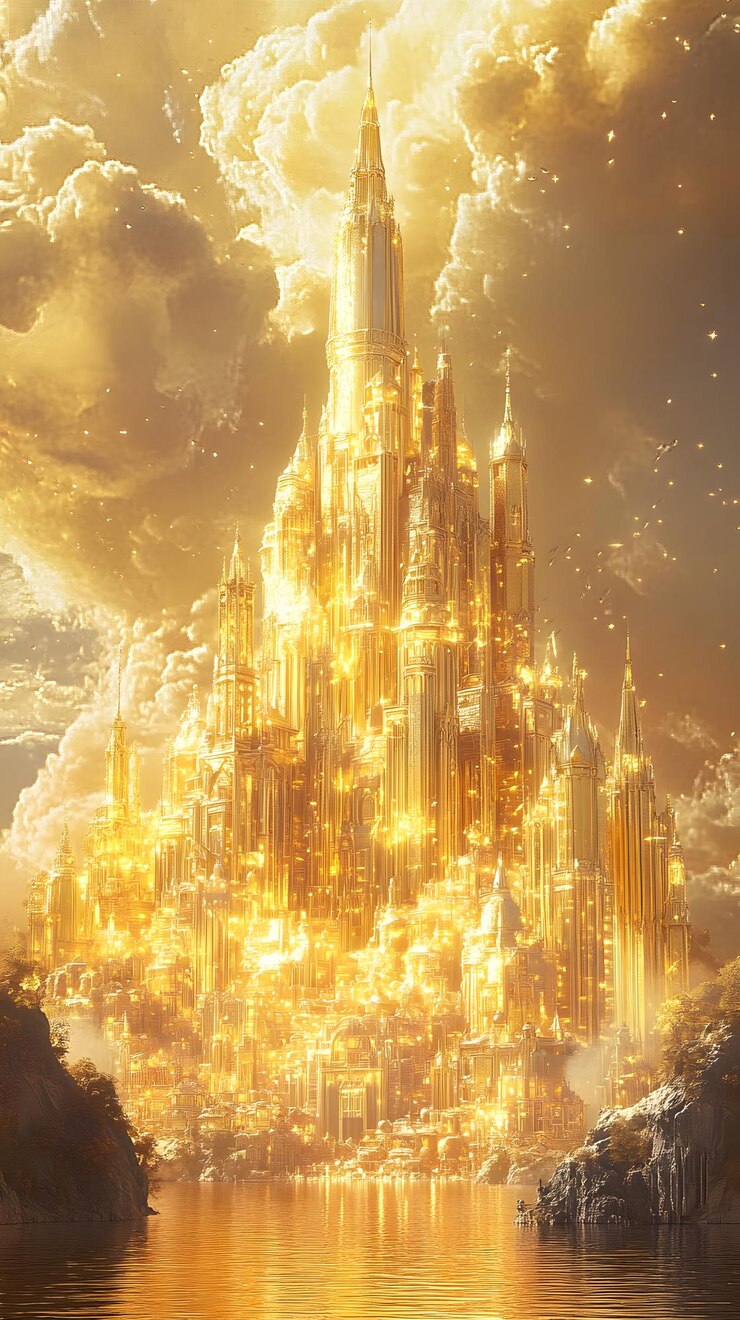 La ciudad dorada, el majestuoso horizonte del castillo, brillando bajo las nubes celestiales.