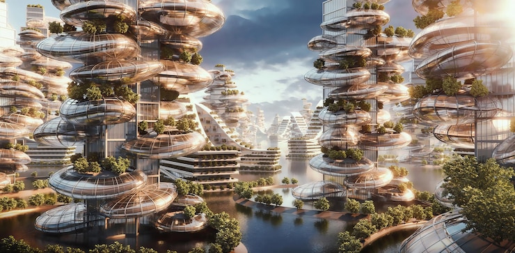 Foto ciudad dorada del metaverso con una vista increíble