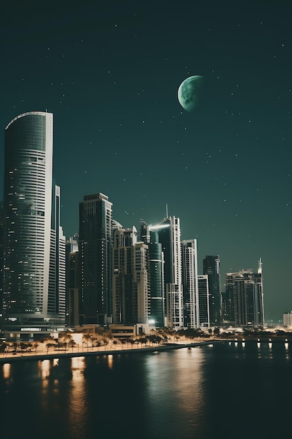 La ciudad de Dubai y la luna iluminadas por la noche ilustración