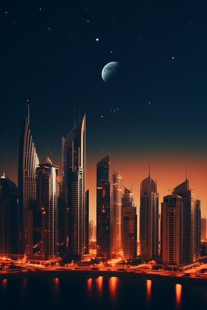 La ciudad de Dubai y la luna iluminadas por la noche ilustración