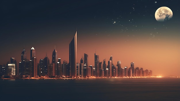 La ciudad de Dubai y la luna iluminadas por la noche ilustración