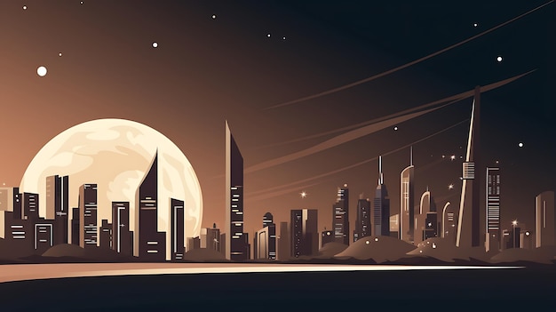 La ciudad de Dubai y la luna iluminadas por la noche ilustración