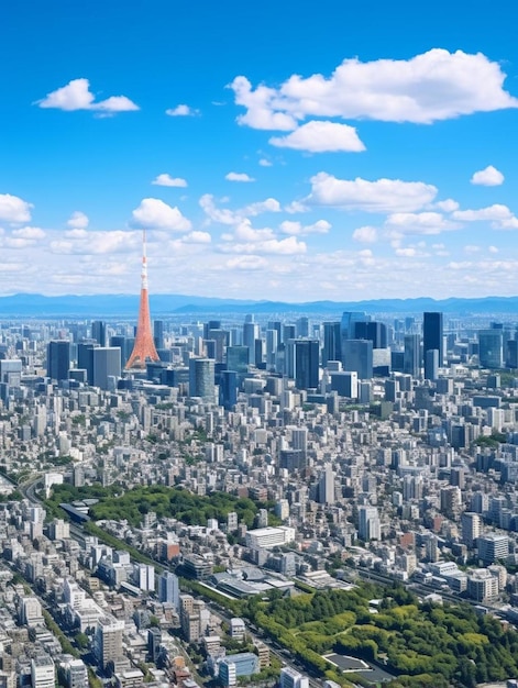 Foto una ciudad con un edificio alto en el medio de ella