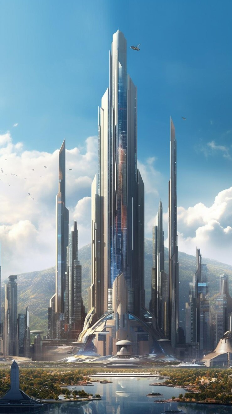Una ciudad con un edificio gigante al fondo.
