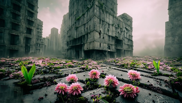 Una ciudad con un edificio en ruinas y flores.