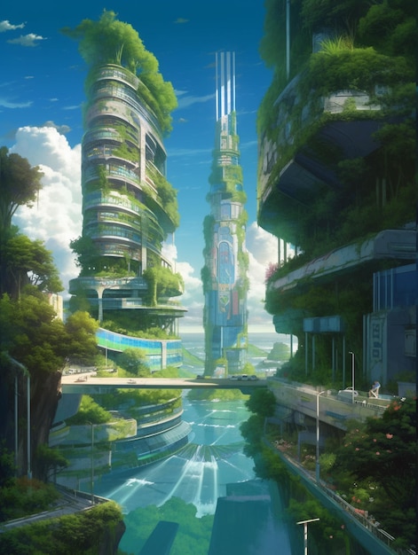 Una ciudad con un edificio verde y un río