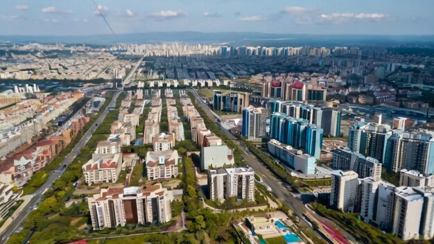 Foto una ciudad con edificios altos y un edificio azul en el medio