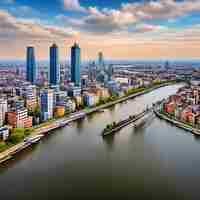 Foto una ciudad con edificios altos a la izquierda y un río en el medio