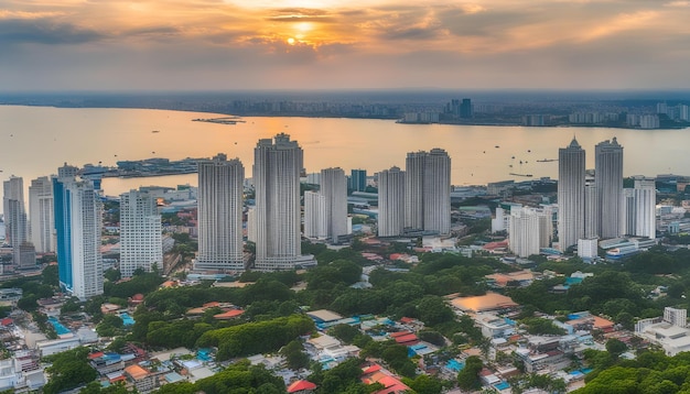 una ciudad con edificios altos y un río en el fondo