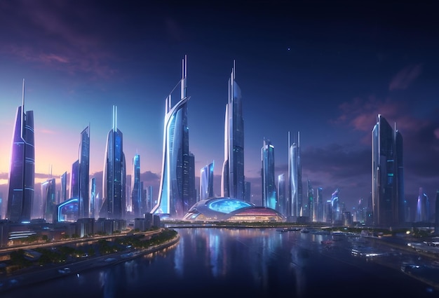 Ciudad de ensueño en el futuro o paisaje del horizonte de la ciudad futurista por la noche