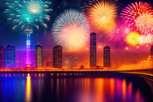 Ciudad entera celebrando el Año Nuevo o cualquier evento nacional con fantásticos fuegos artificiales multicolores