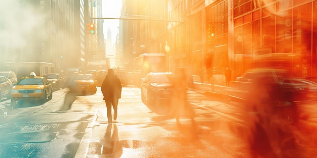 La ciudad envuelta en la niebla de calor Los peatones y el tráfico en condiciones desafiantes de ola de calor