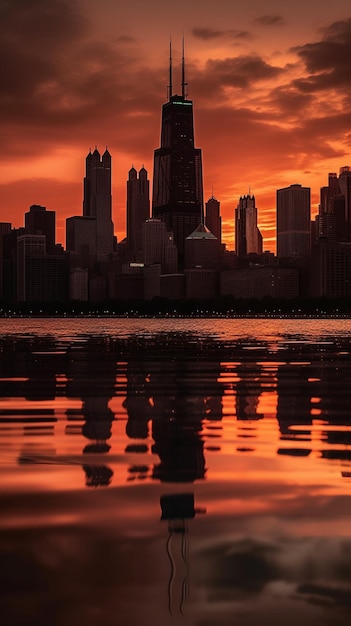 Una ciudad es una ciudad con un cielo rojo y el sol se está poniendo.