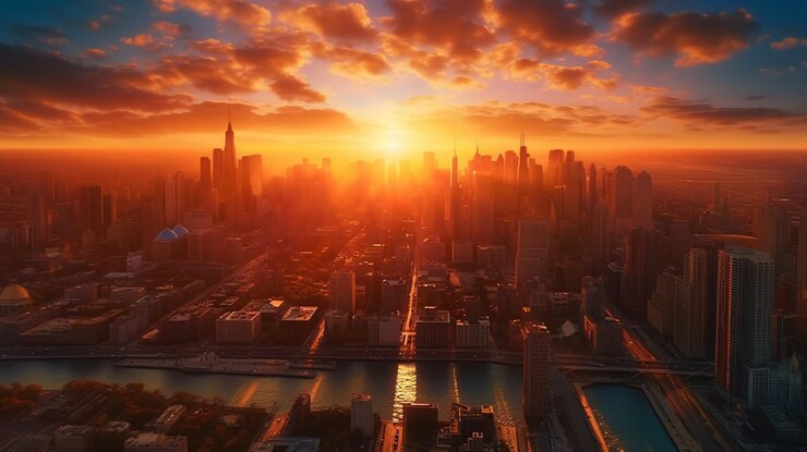 Una ciudad es una ciudad con una puesta de sol en el fondo.