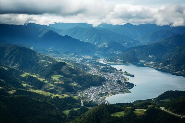 Una ciudad es un valle con montañas y un lago.