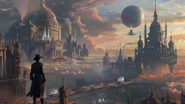 una ciudad está en el cielo con un mundo como el espacio