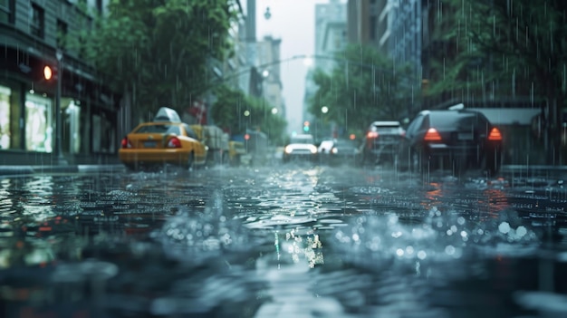 La ciudad está empapada bajo la lluvia.