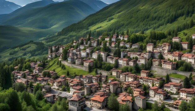 una ciudad está rodeada de montañas y un pueblo