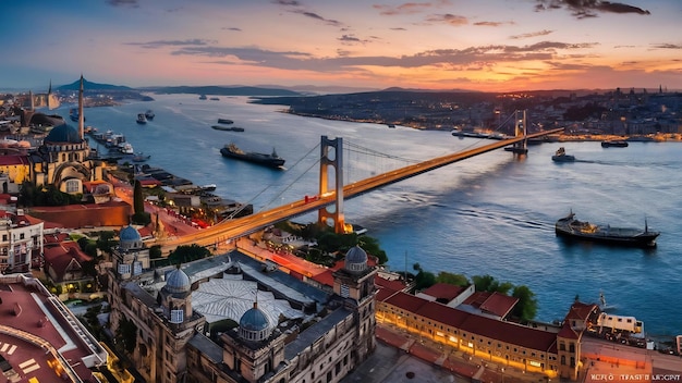 Ciudad de Estambul Turquía vista superior panorama con el río ciudad turística del este de Estambul Bósforo al mismo tiempo