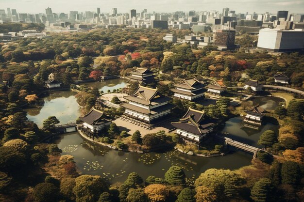 Foto una ciudad con un estanque y un edificio con un puente en el medio