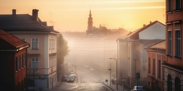 Foto ciudad europea con niebla en las calles