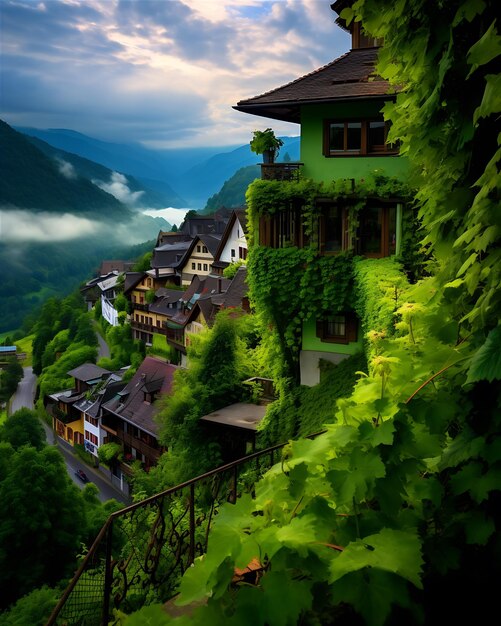 Foto una ciudad con exuberantes bosques verdes en las montañas