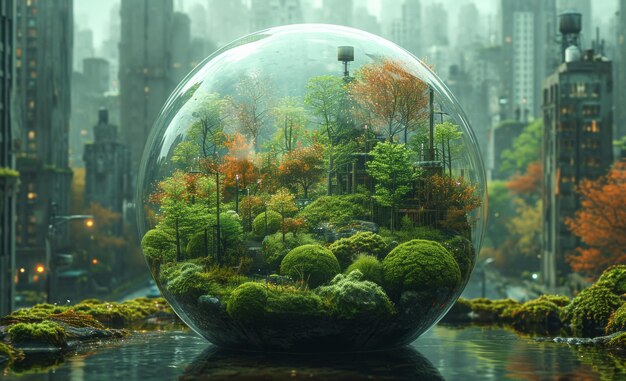 Ciudad de fantasía en una esfera de vidrio