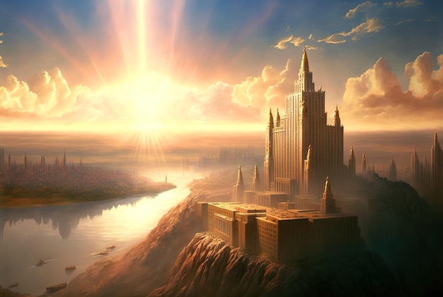 Ciudad de fantasía flotando en el cielo rodeada de montañas y un río Castillo antiguo bajo los rayos del sol de la mañana IA generada