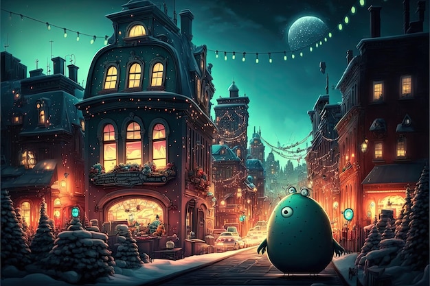 Ciudad de fantasía Navidad invierno imagen surrealista con hermosos edificios y árboles de Navidad nevados y felicidad Ai generativo