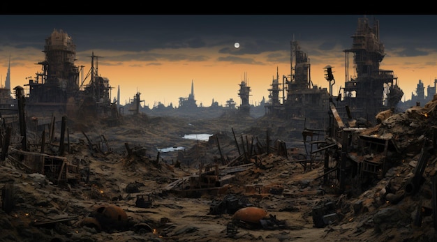 Foto ciudad de fantasía steampunk hecha de chatarra y metal