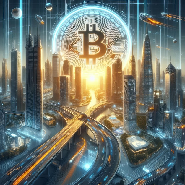 Foto ciudad futura de bitcoin criptográfica