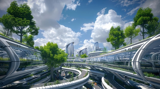 Ciudad futurista con abundantes árboles y carreteras