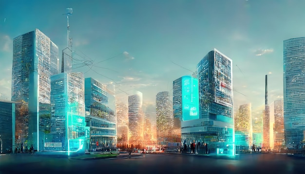 Ciudad futurista con altos edificios de oficinas y peatones.